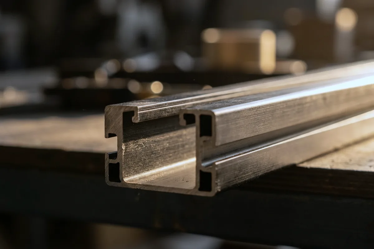 Nahaufnahme einer T-Nut in eloxiertem Aluminium im Streiflicht